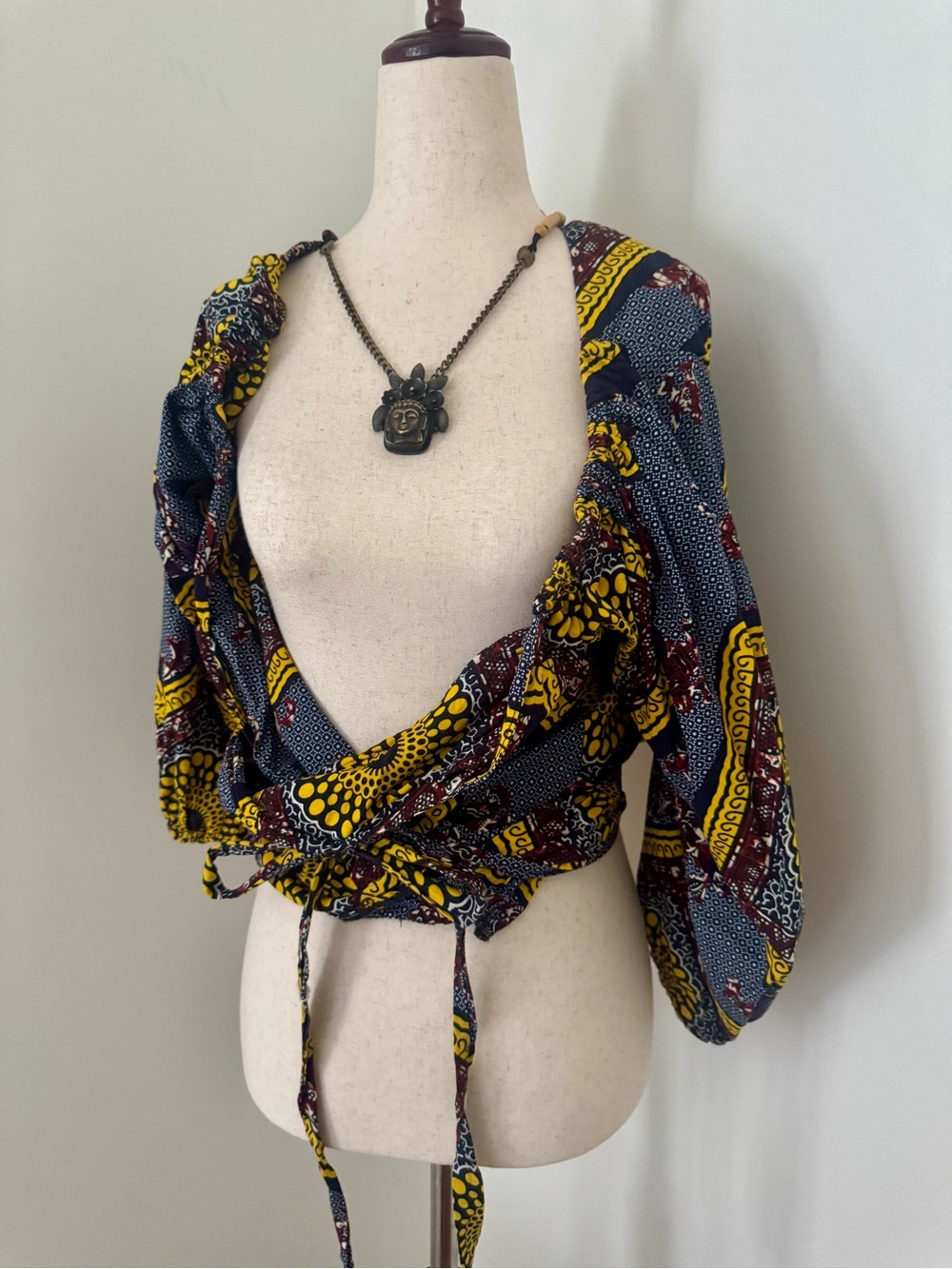 Vintage African Wax Print Wrap Top Puff Sleeve Boho Blouse - Picture 3 of 10